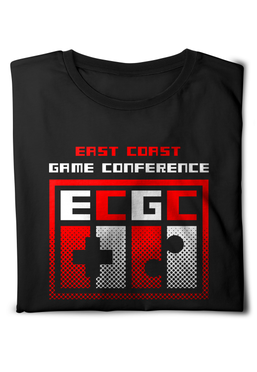 Dark themed design with white and red accents. Halftone gradient fade at the bottom of the design. Displayed on a folded black t-shirt.