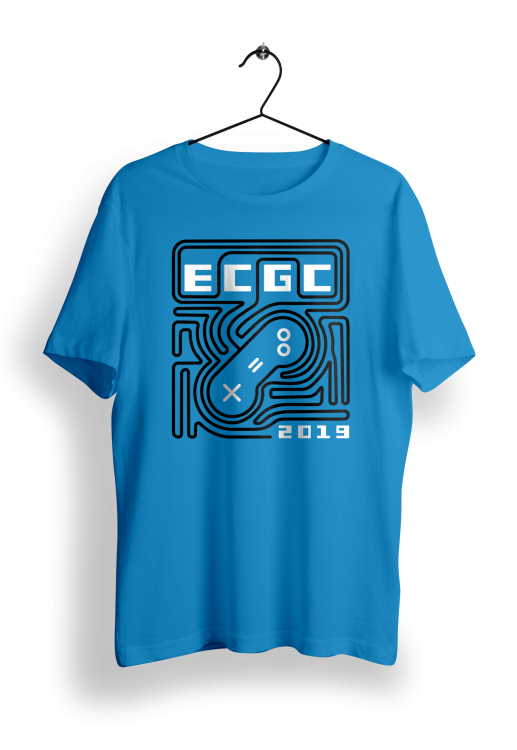 ECGC Line art design displayed on a crew neck t-shirt on a clothes hanger.