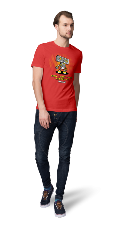 ECGC Mighty Gamebot design displayed on a male model on a red crew neck t-shirt.